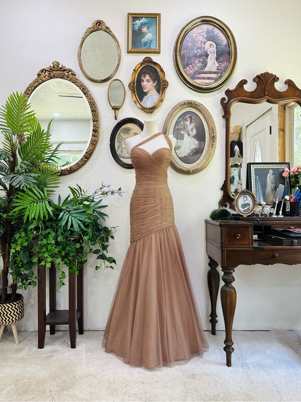 Wtoo Strapless Ruched Bodice Tulle Maxi Dress in Bronze